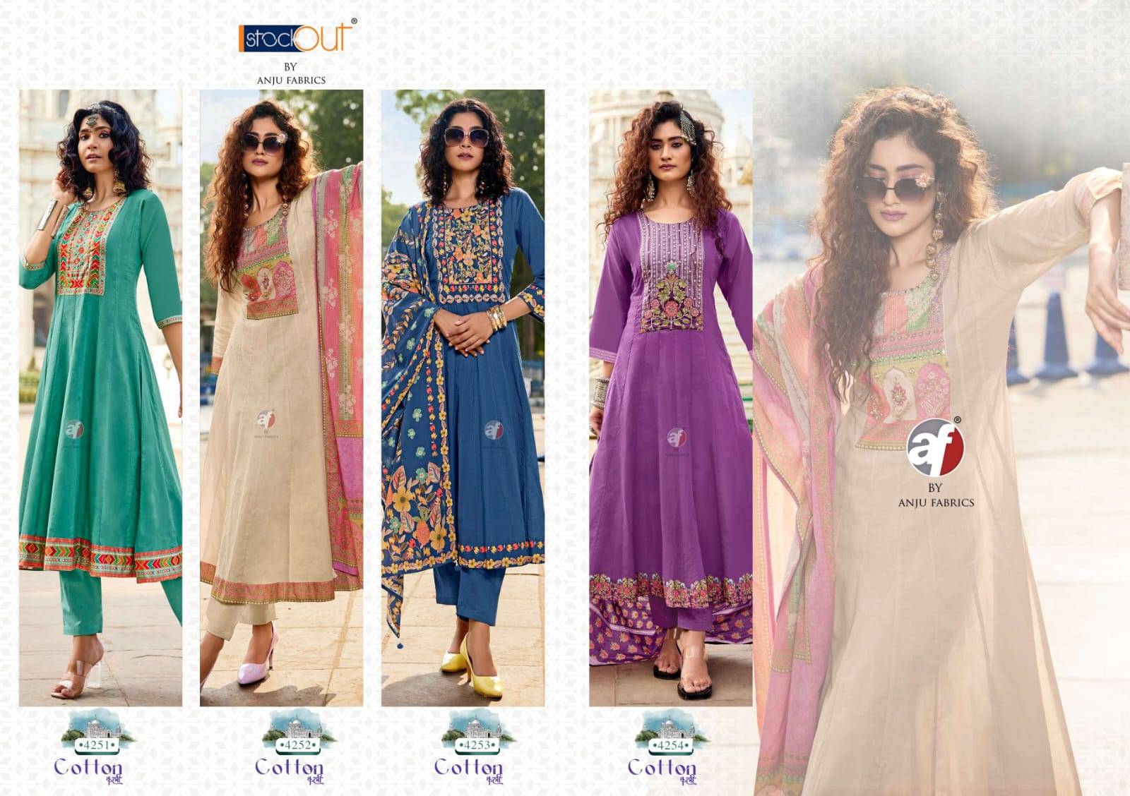 Cotton kali by Anu fabrics 4251 TO 4254 SERIES Indian occasional PURE COTTON party wear Anarkali kurta with pant stitched dresses At Wholesale Price